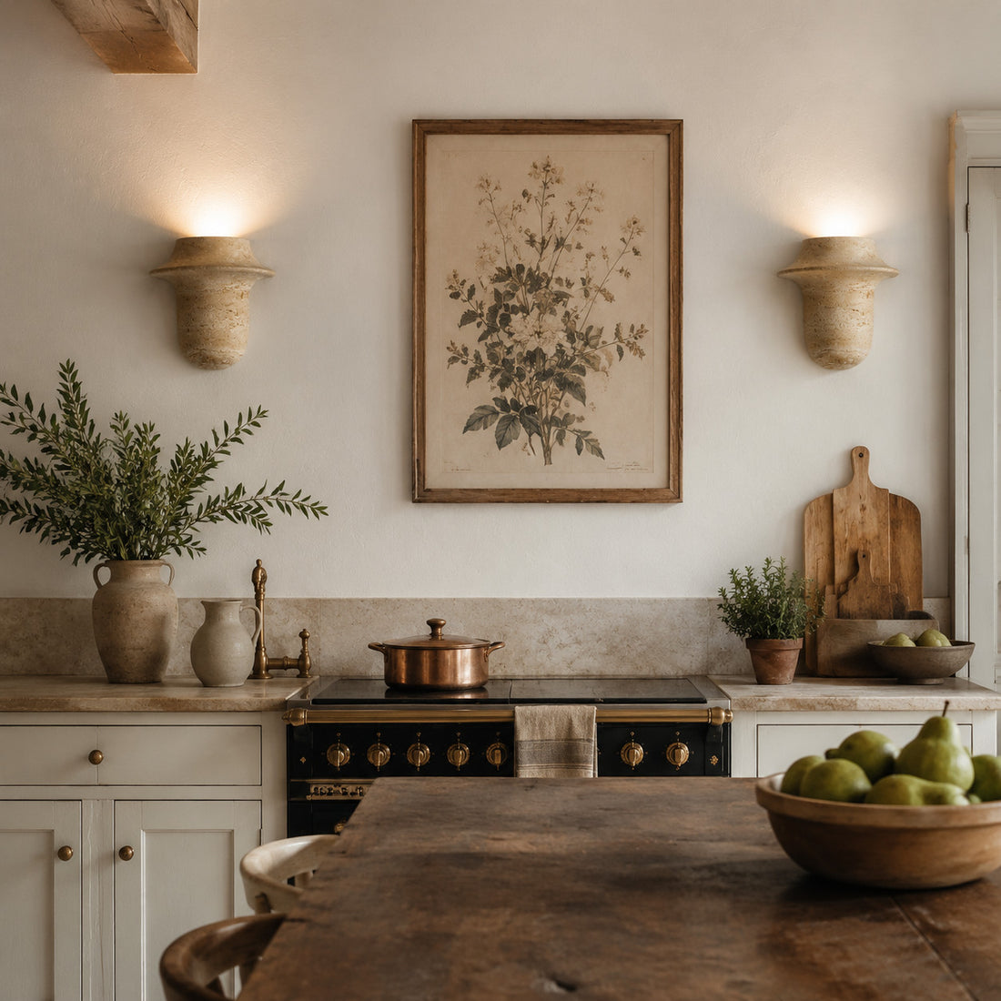Travertine wall sconces adding warm light to a rustic kitchen and dining wall