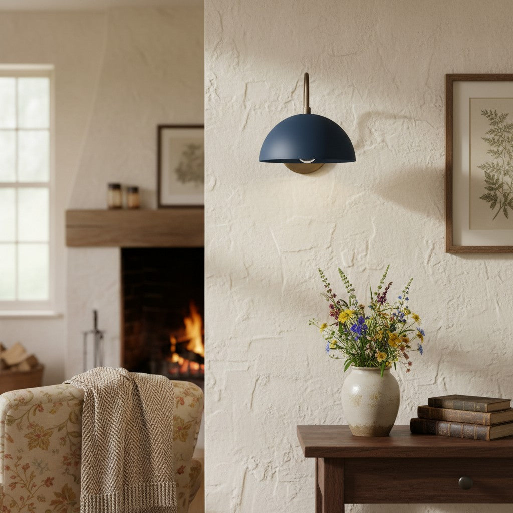 Curva Metal  Industrial Wall Sconce - Curved Brass Arm - Hammered Dome Light Fixture