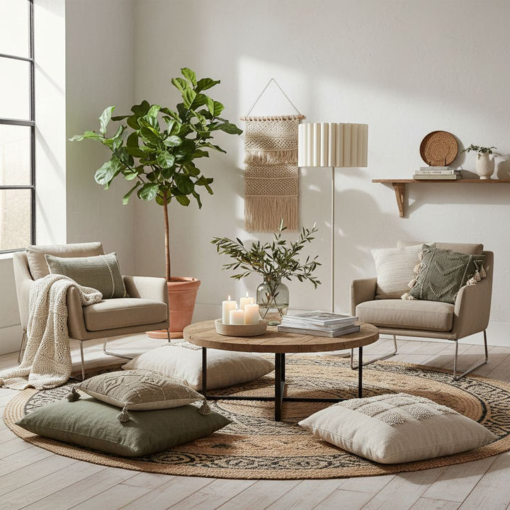 Velura Stand Floor Lamp - Beige Linen Shade and Metal Stand