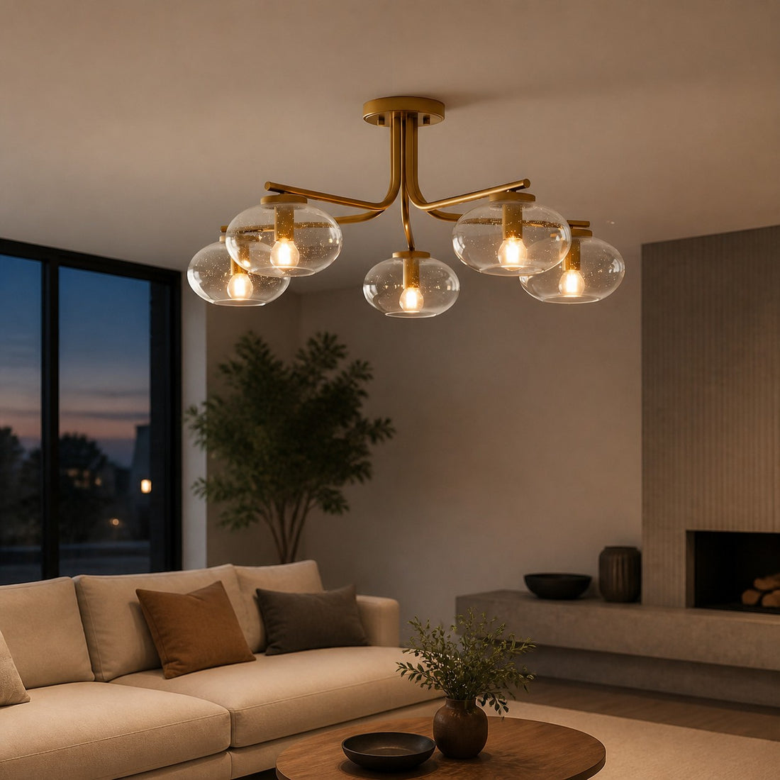 Bublaris Bubble-Glass Semi-Flush Ceiling Light - Curved Brass Arms for Living Room or Hallway