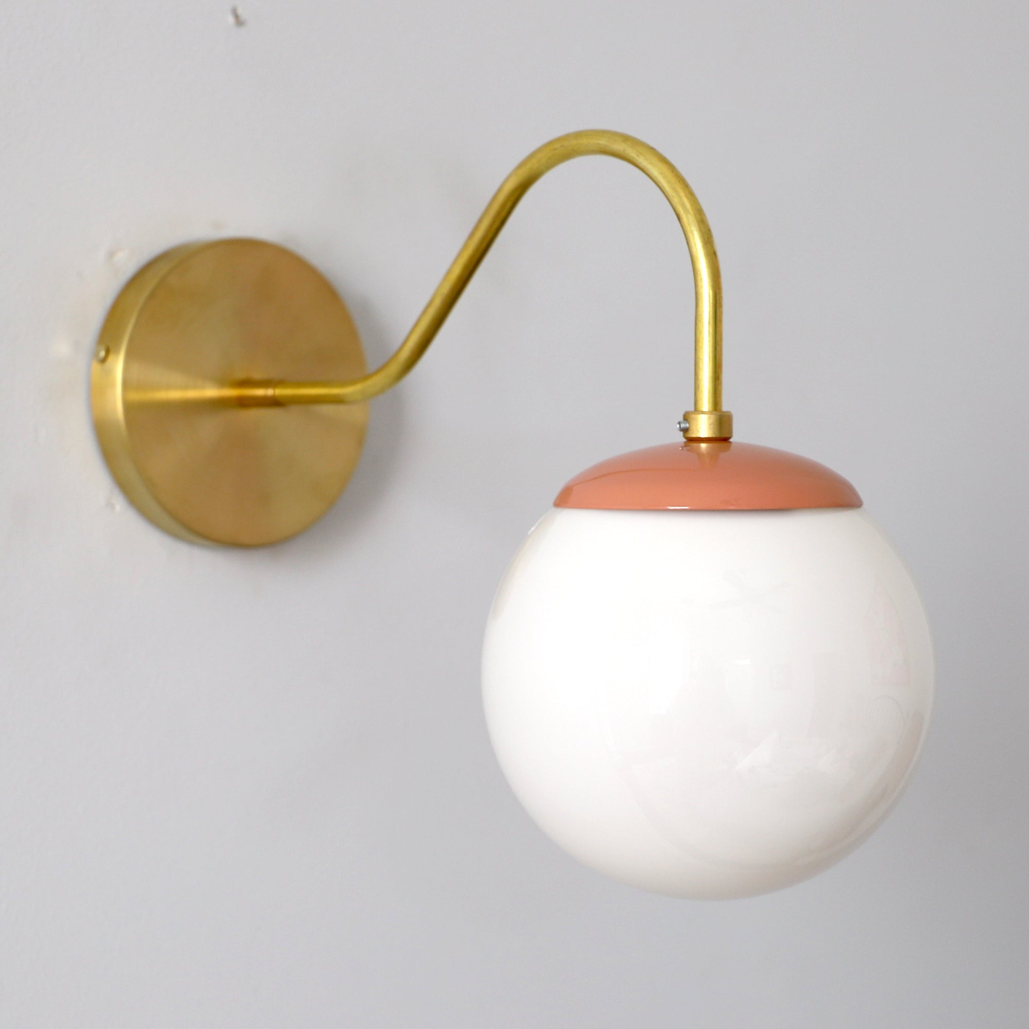 Brass Wall Lamp Sconce - Curved Arm with Handblown Frosted Glass