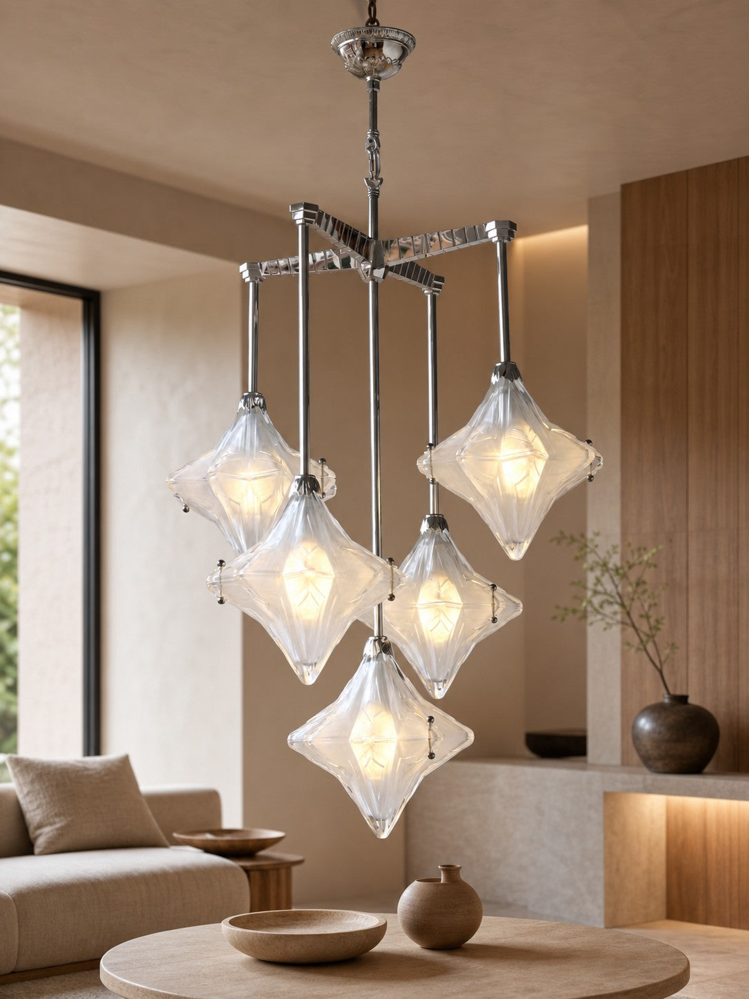 Art Deco Astris Star Chandelier – Frosted Glass Deco Fixture for Dining Room