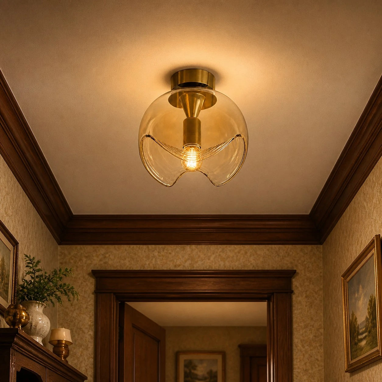 Gold and Cognac ceiling light in a warm hallway