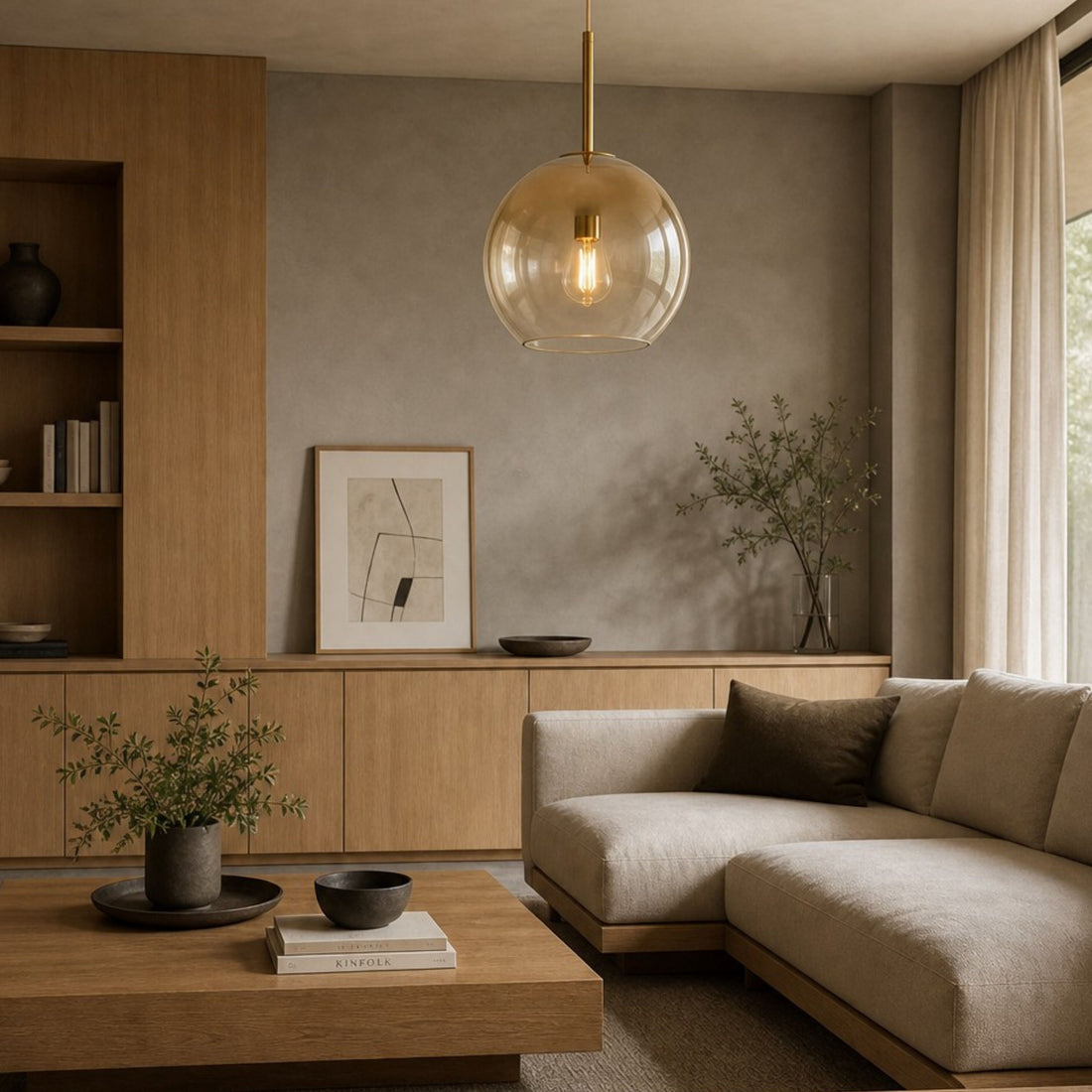 Gradient Gold globe pendant in a neutral living room