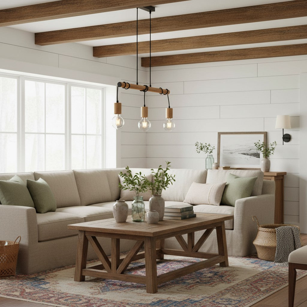 Virell Adjustable Linear Ceiling Light – 3‑Bulb Wooden and Metal Design for Kitchen Island or Office