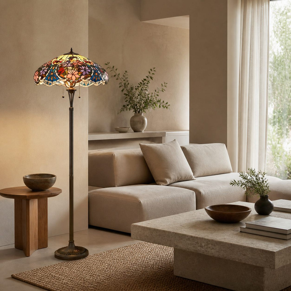 TF Sullivan Tiffany Floor Lamp - Floral Stained Glass Design for Study or Living Room