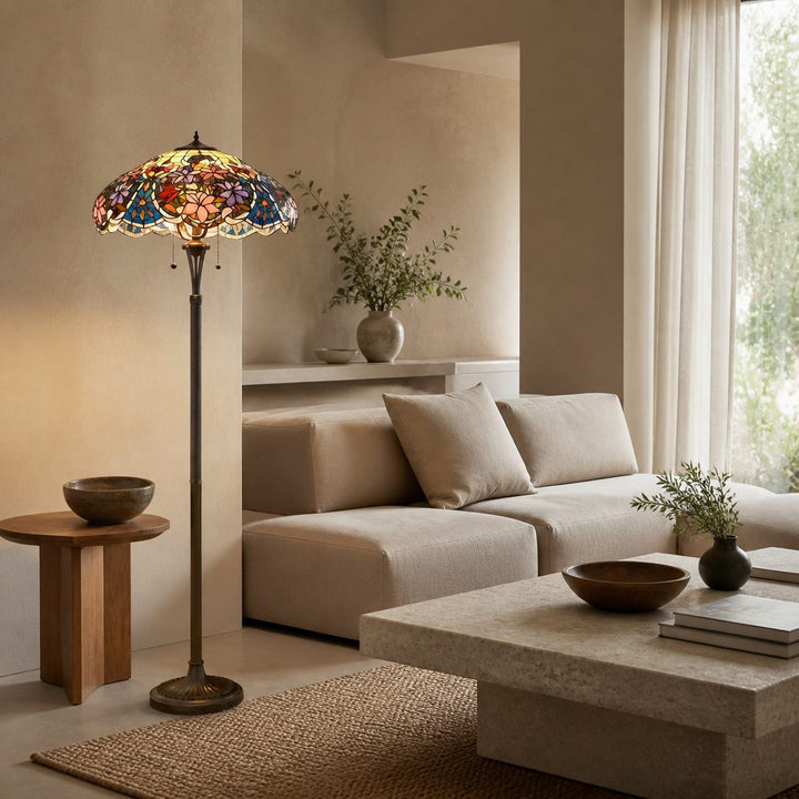 TF Sullivan Tiffany Floor Lamp - Floral Stained Glass Design for Study or Living Room