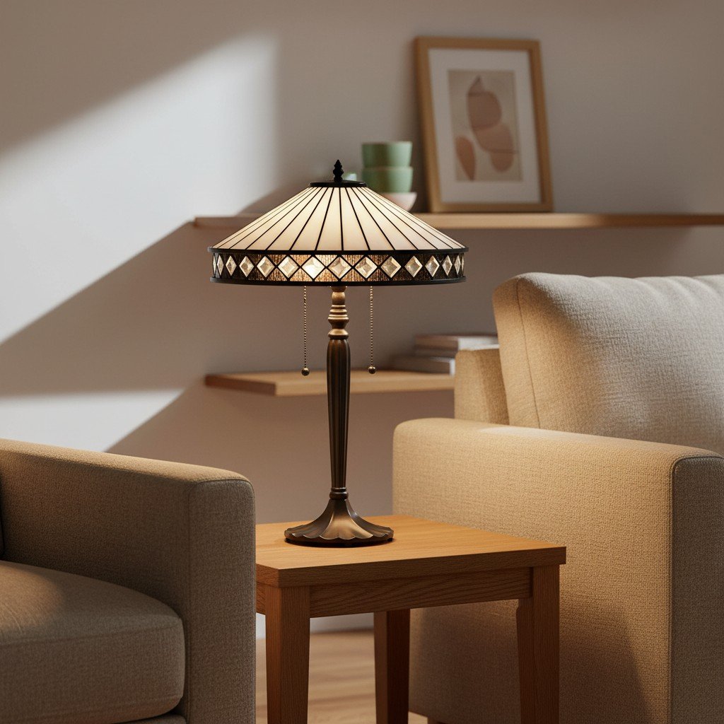 TF Fargo Geometric Tiffany Style Lamp - Amber and Cream Glass Accent Lighting for Bedroom or Study