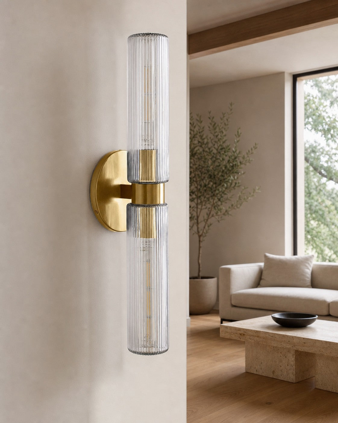 Rivora Fluted Glass Double Short Sconce - Indoor Outdoor Wall Light Elegance