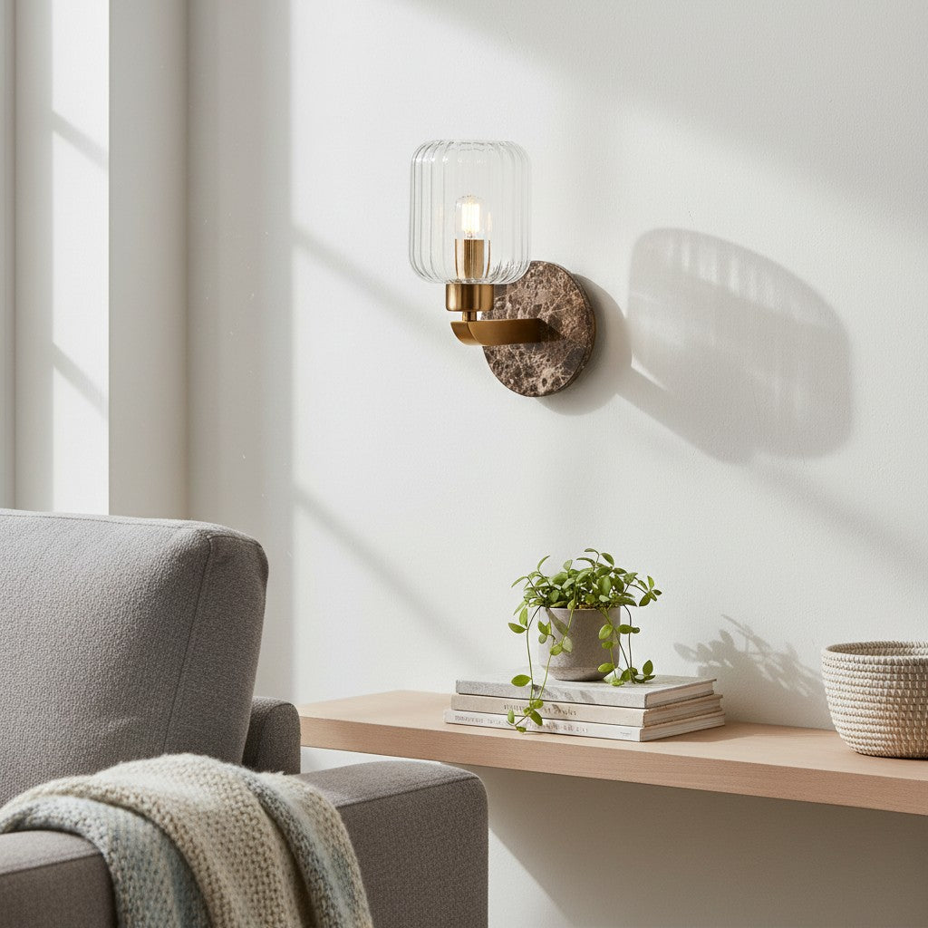 Korlisse Modern Marble Wall Light - Vintage Brass & Clear Glass Accent for Living Room and Hallway