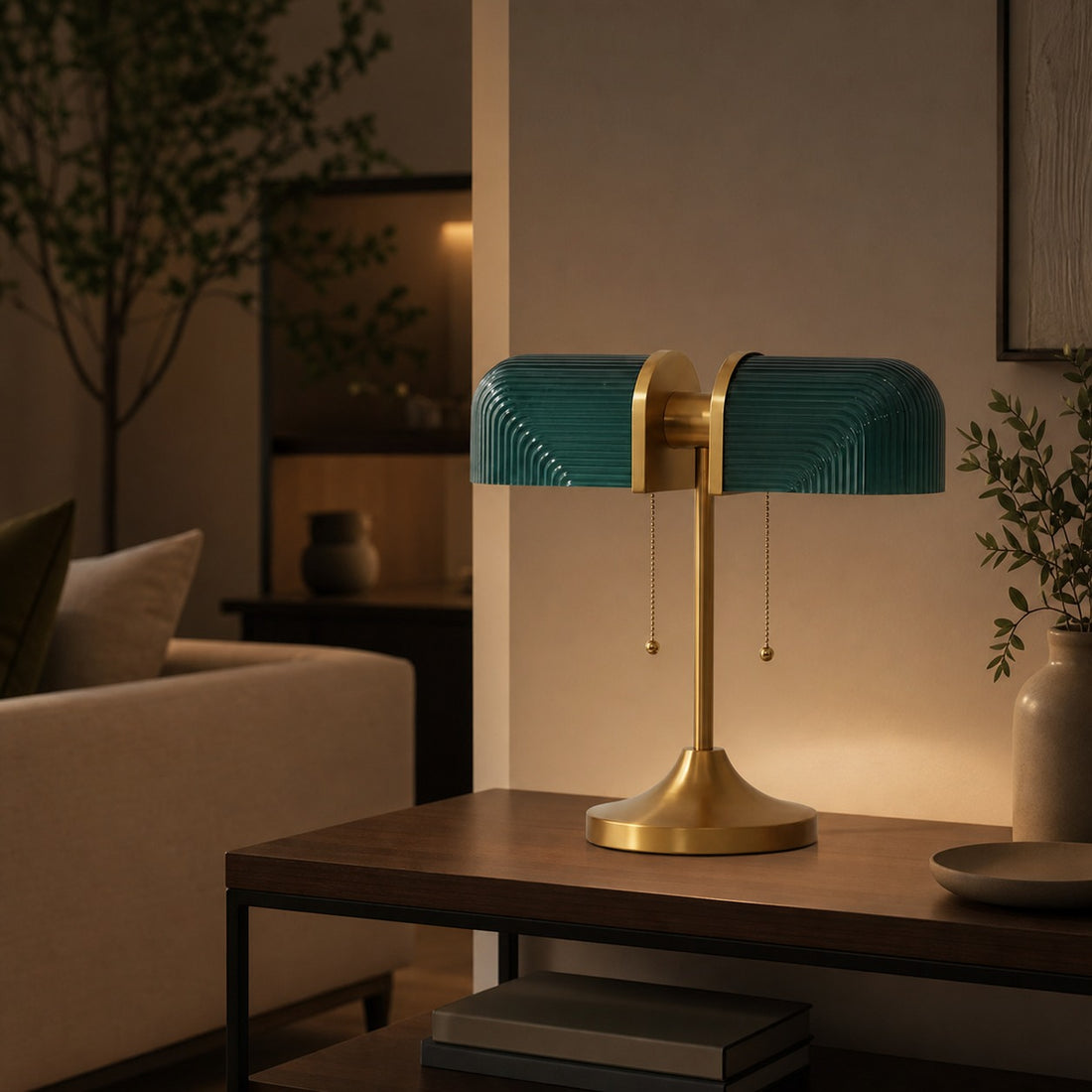 Aurebron Fluted Glass Table Lamp - Modern Decorative Metal Base Table Lamp for Living Room