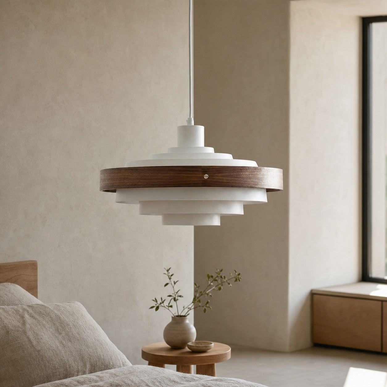 Layervelle Contemporary Tiered Pendant Light – Sculptural Wood and Metal Hanging Lamp for Living Spaces