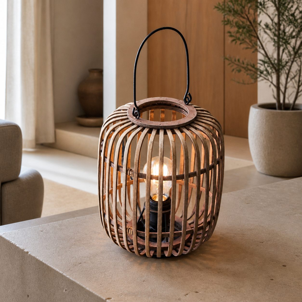 Yumeko Ambient Table Lamp - Open Bamboo Cage Design Stylish and Eco Friendly for Living & Bedroom