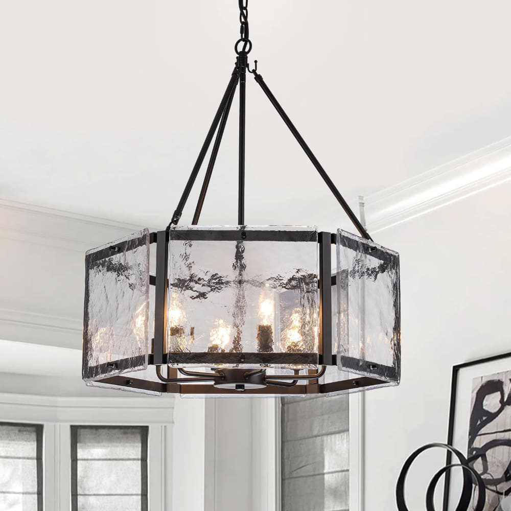 Textured Water Ripple Drum Chandelier - 6-Light Glass Pendant Light