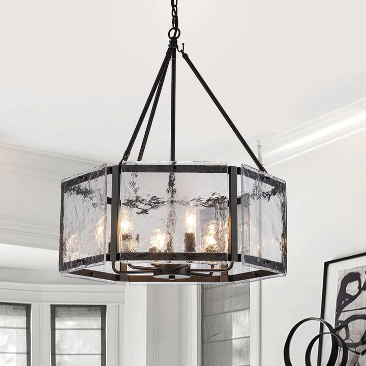 Textured Water Ripple Drum Chandelier - 6-Light Glass Pendant Light