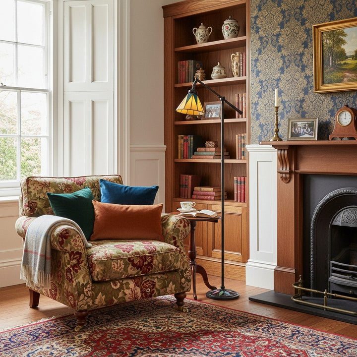 TF Dark Star Tiffany Task Floor Lamp – Art Deco Stained-Glass Floor Light for Living Room