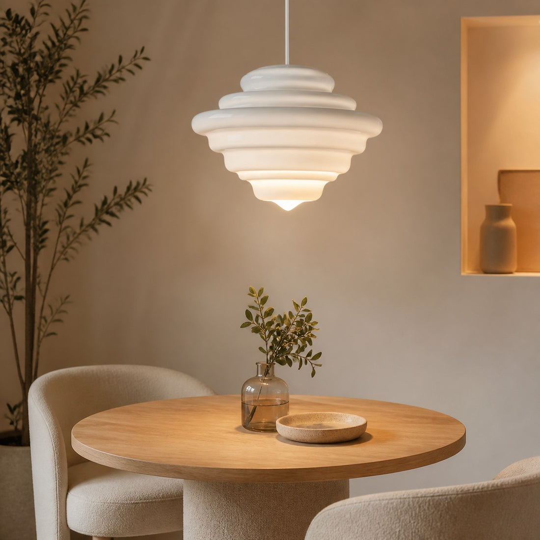 White glass pendant light over a dining table