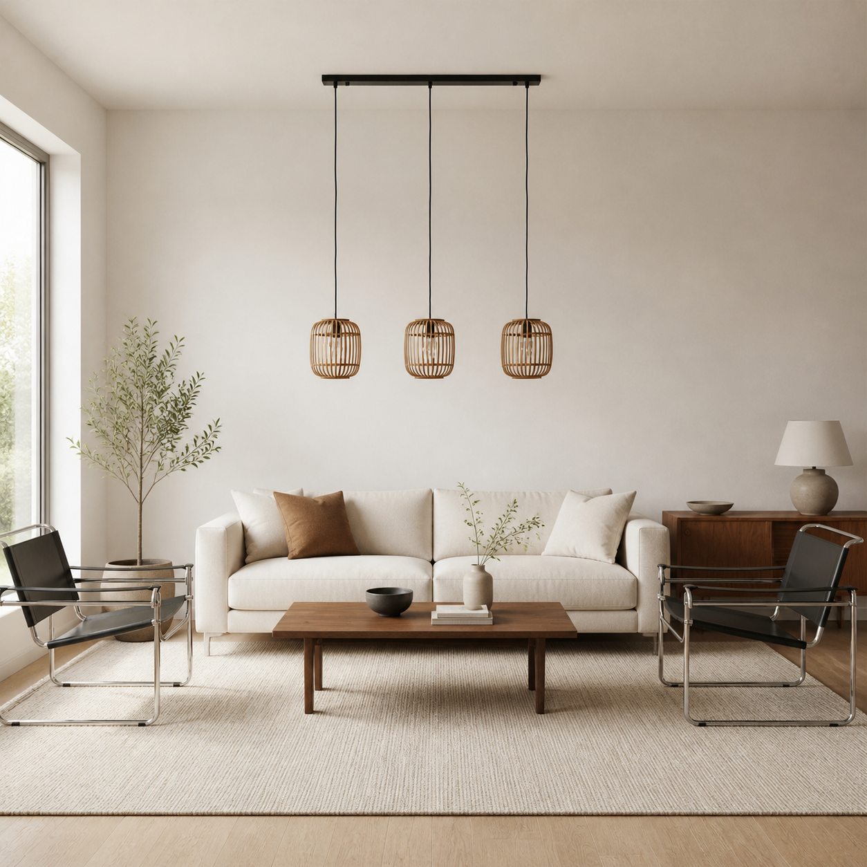 Yumeko Adjustable Bamboo Pendant Lamp - Natural Cage Ceiling Light Perfect for Living & Dining Rooms