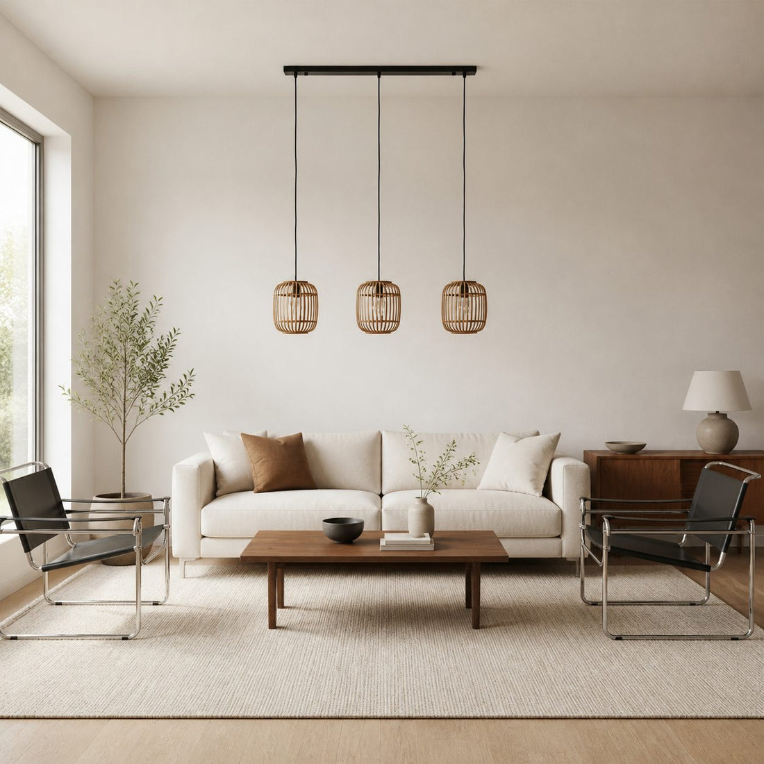 Yumeko Adjustable Bamboo Pendant Lamp - Natural Cage Ceiling Light Perfect for Living & Dining Rooms