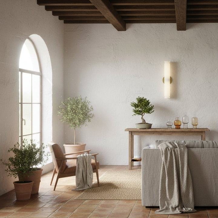 Trenia Steel Wall Sconce with Milky Glass Shade - Vertical Ribbed Design