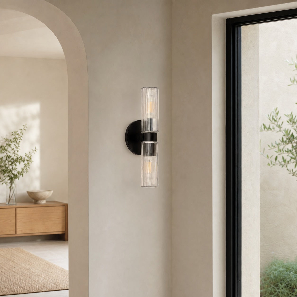 Rivora Fluted Glass Double Short Sconce - Indoor Outdoor Wall Light Elegance