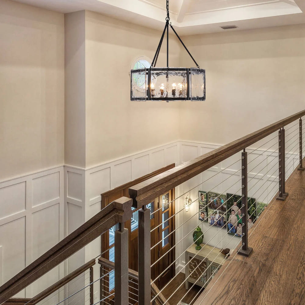 Textured Water Ripple Drum Chandelier - 6-Light Glass Pendant Light