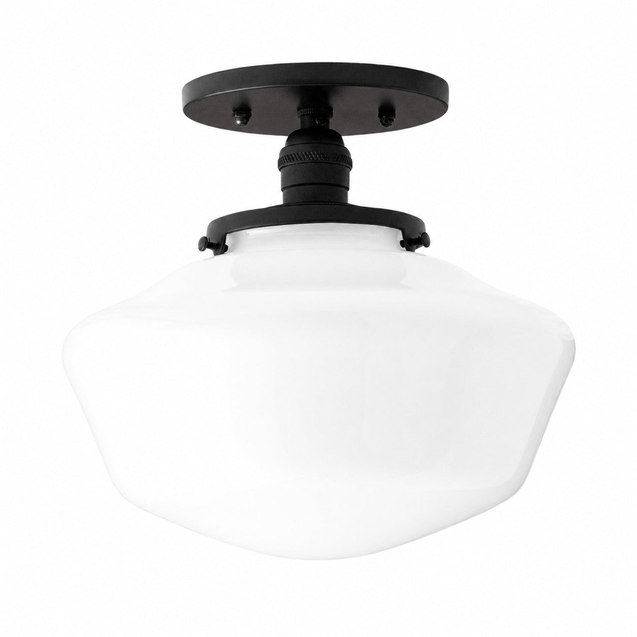 Geotower Glass Brass Ceiling Light - Opal Glass Schoolhouse Shade - Modern Elegance