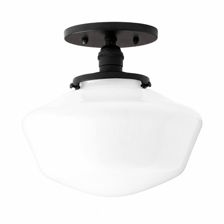 Geotower Glass Brass Ceiling Light - Opal Glass Schoolhouse Shade - Modern Elegance