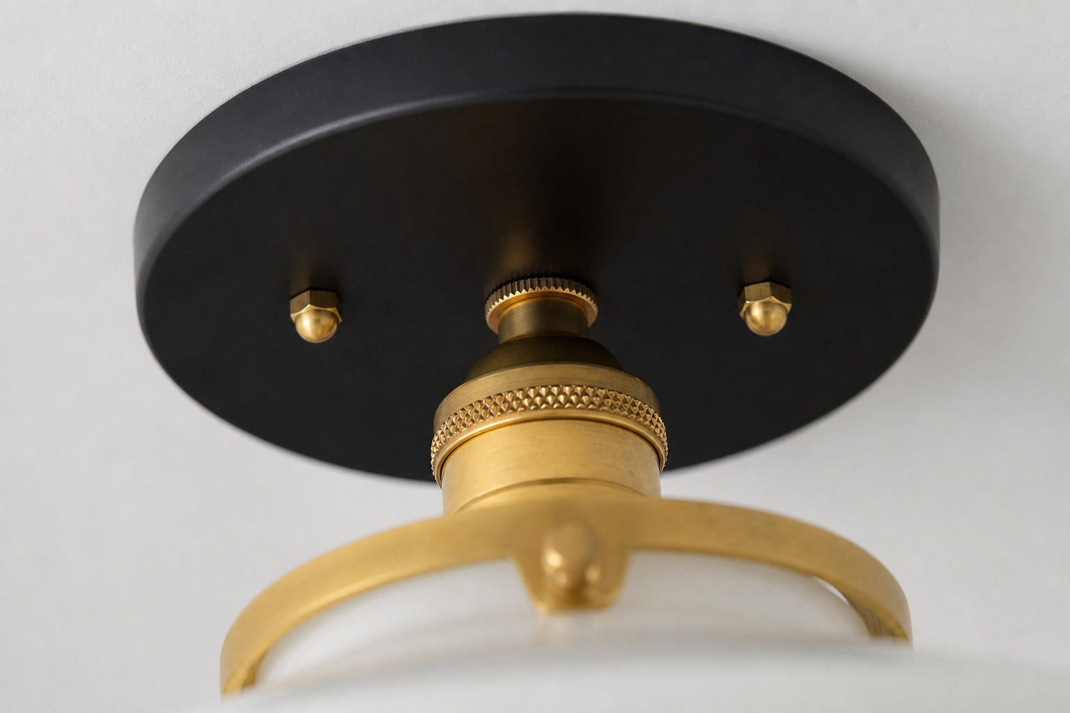 Geotower Glass Brass Ceiling Light - Opal Glass Schoolhouse Shade - Modern Elegance