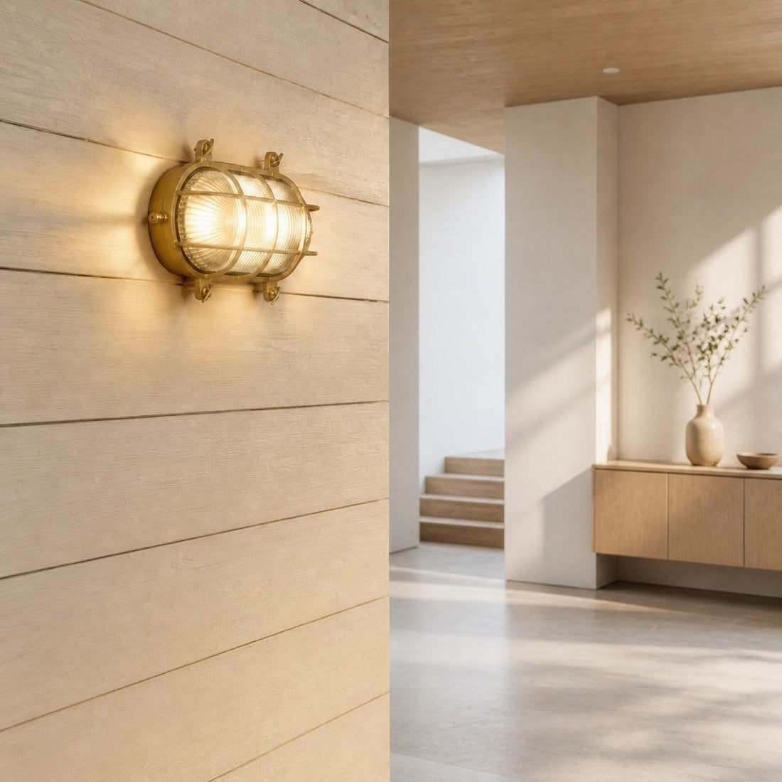 Ivoran Bulkhead Wall Sconce - Brass Caged Glass Vintage Industrial Light for Outdoor and Bathroom