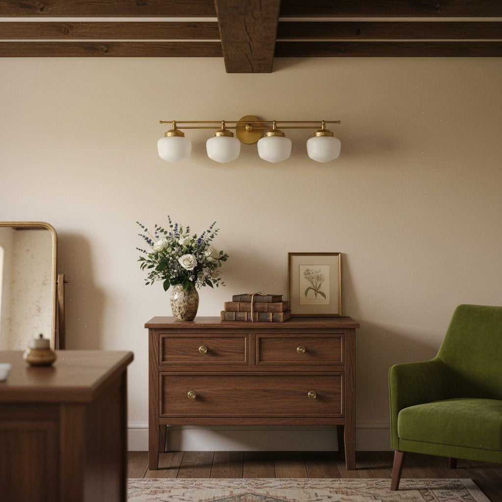 Opalume Glass Art Deco Vanity Light - Bathroom Wall Sconce with White Glass Shades