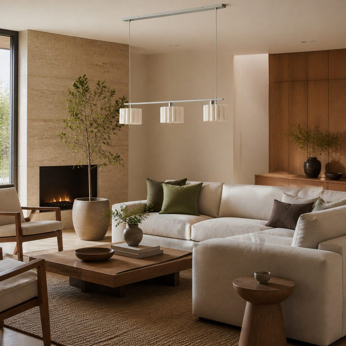 Velura Linear Pendant Light - Natural Linen Shade for Warm Ambiance