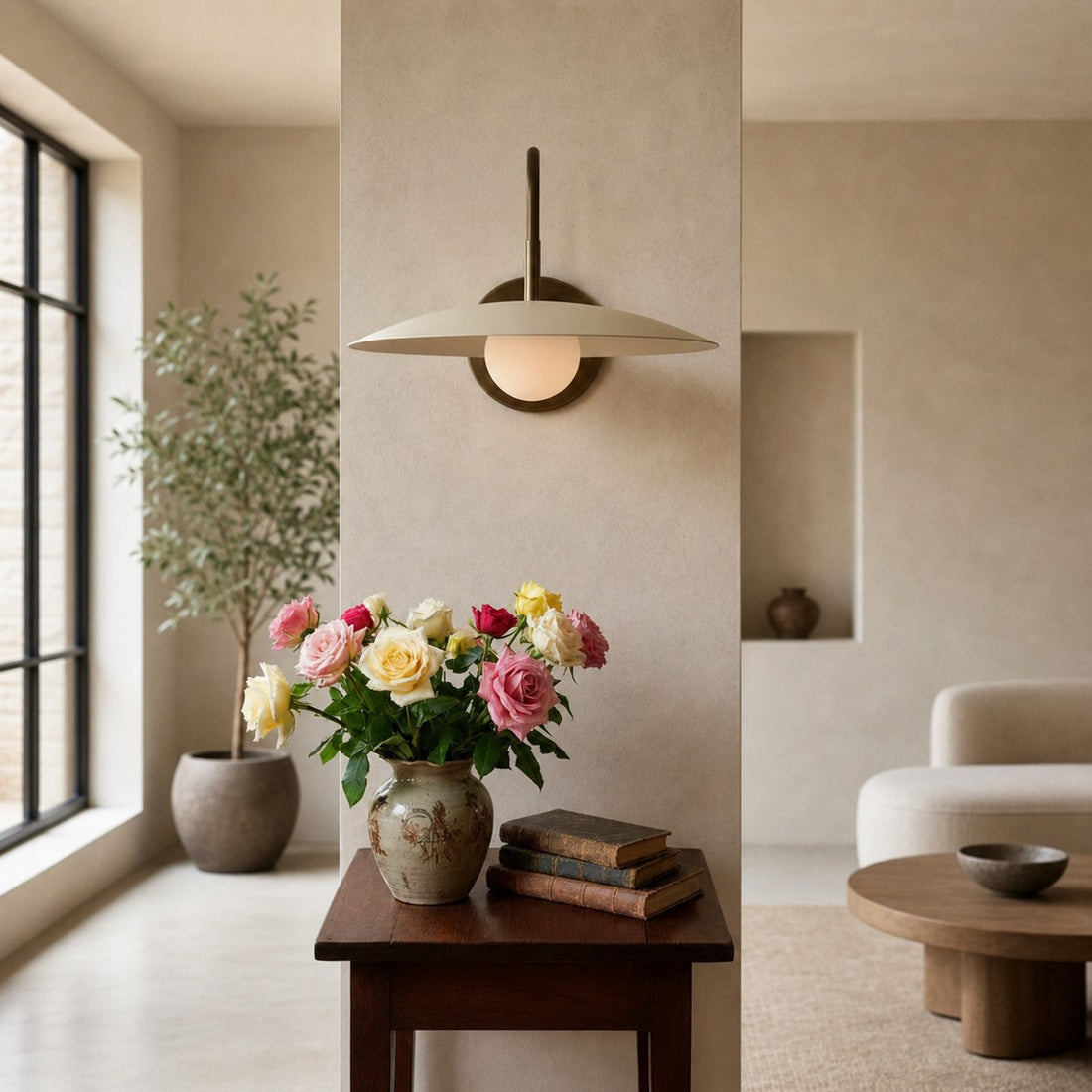 Curva Metal Modern Wall Sconce - Antique Brass Arm with Cream Disc Shade
