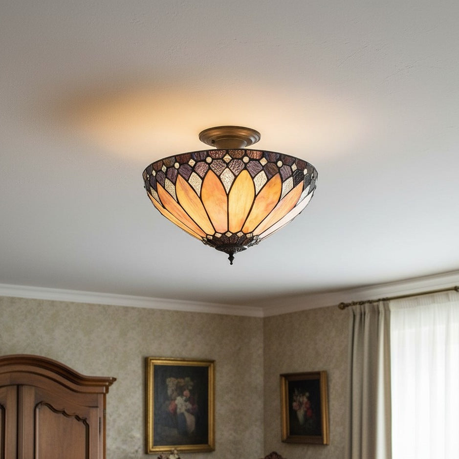 TF Brooklyn Tiffany Semi-flush Ceiling Light - Geometric Glass Shade for Hallways or Living Rooms