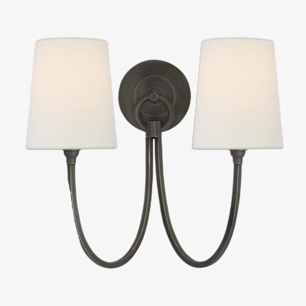Roven Modern Double Wall Sconce with Curved Arms and Fabric Shades – Classic Accent Lighting for Bedroom