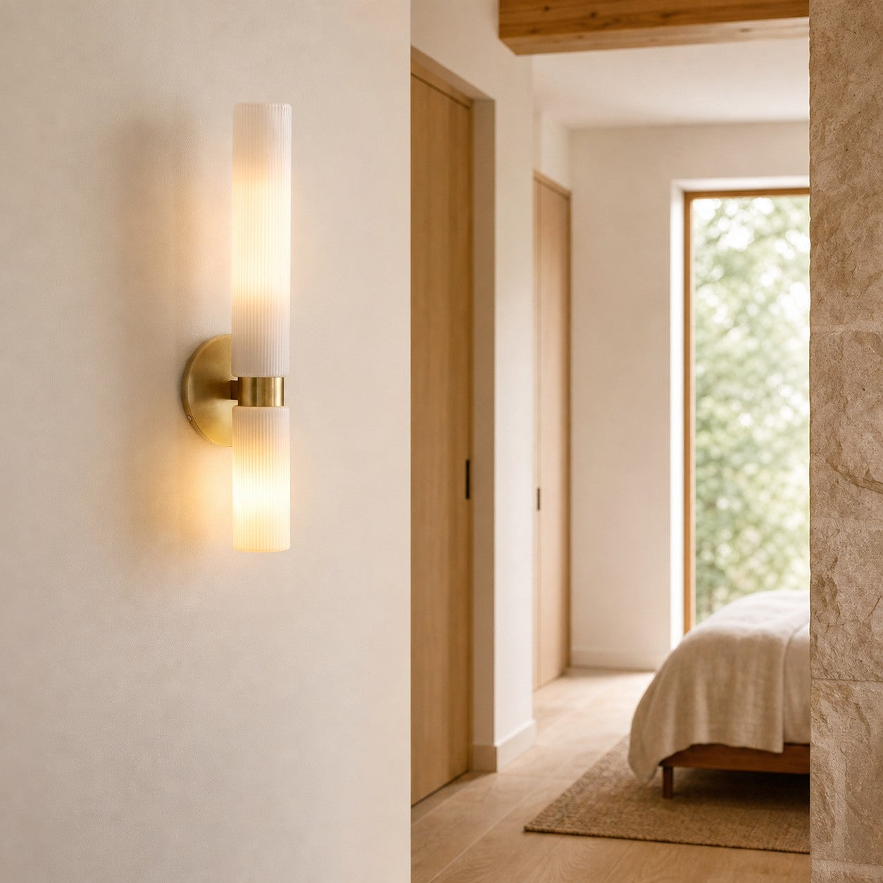 Rivora Fluted Glass Double Short Sconce - Indoor Outdoor Wall Light Elegance