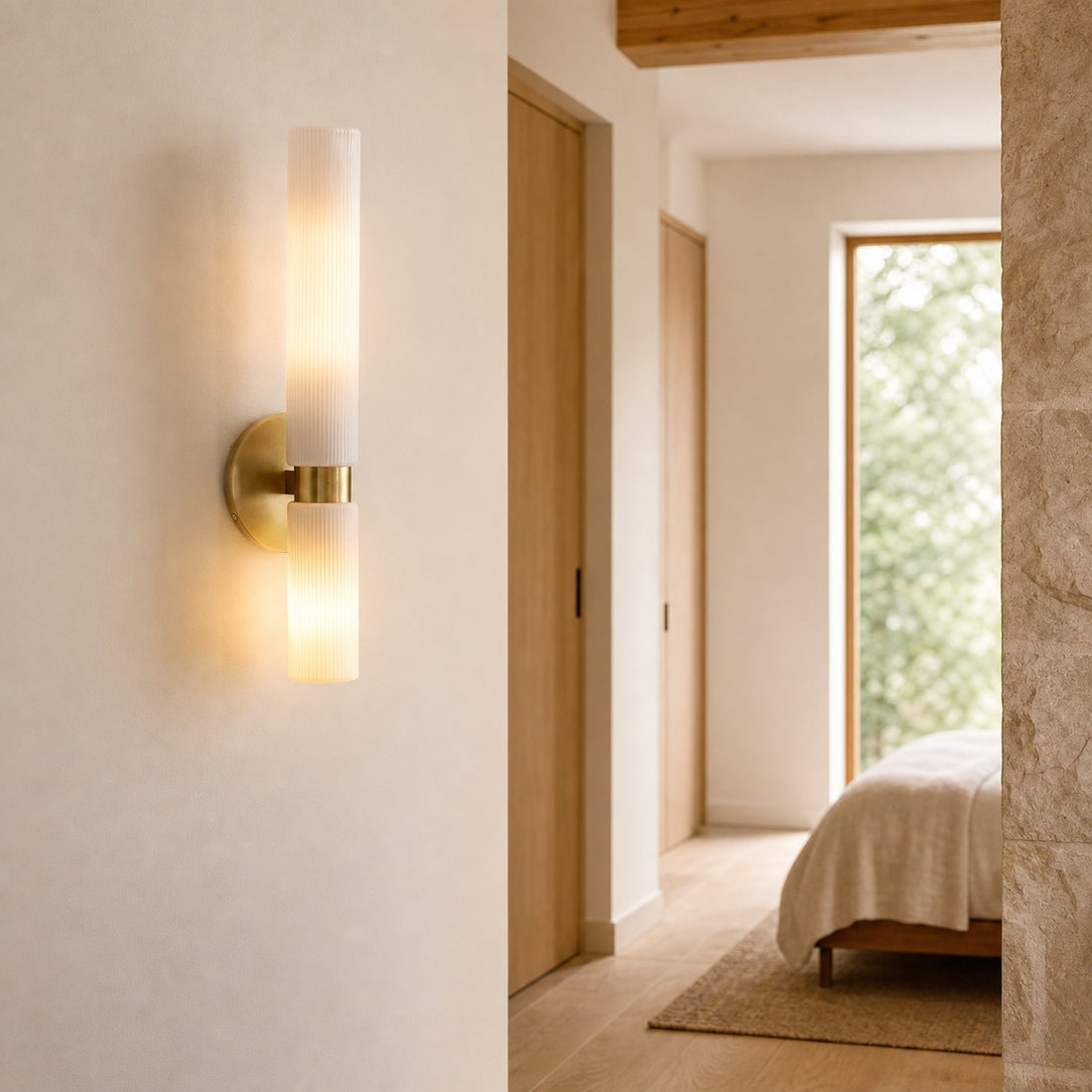 Rivora Fluted Glass Double Short Sconce - Indoor Outdoor Wall Light Elegance