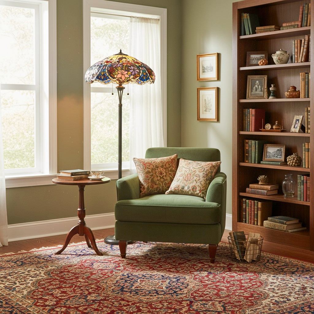 TF Sullivan Tiffany Floor Lamp - Floral Stained Glass Design for Study or Living Room