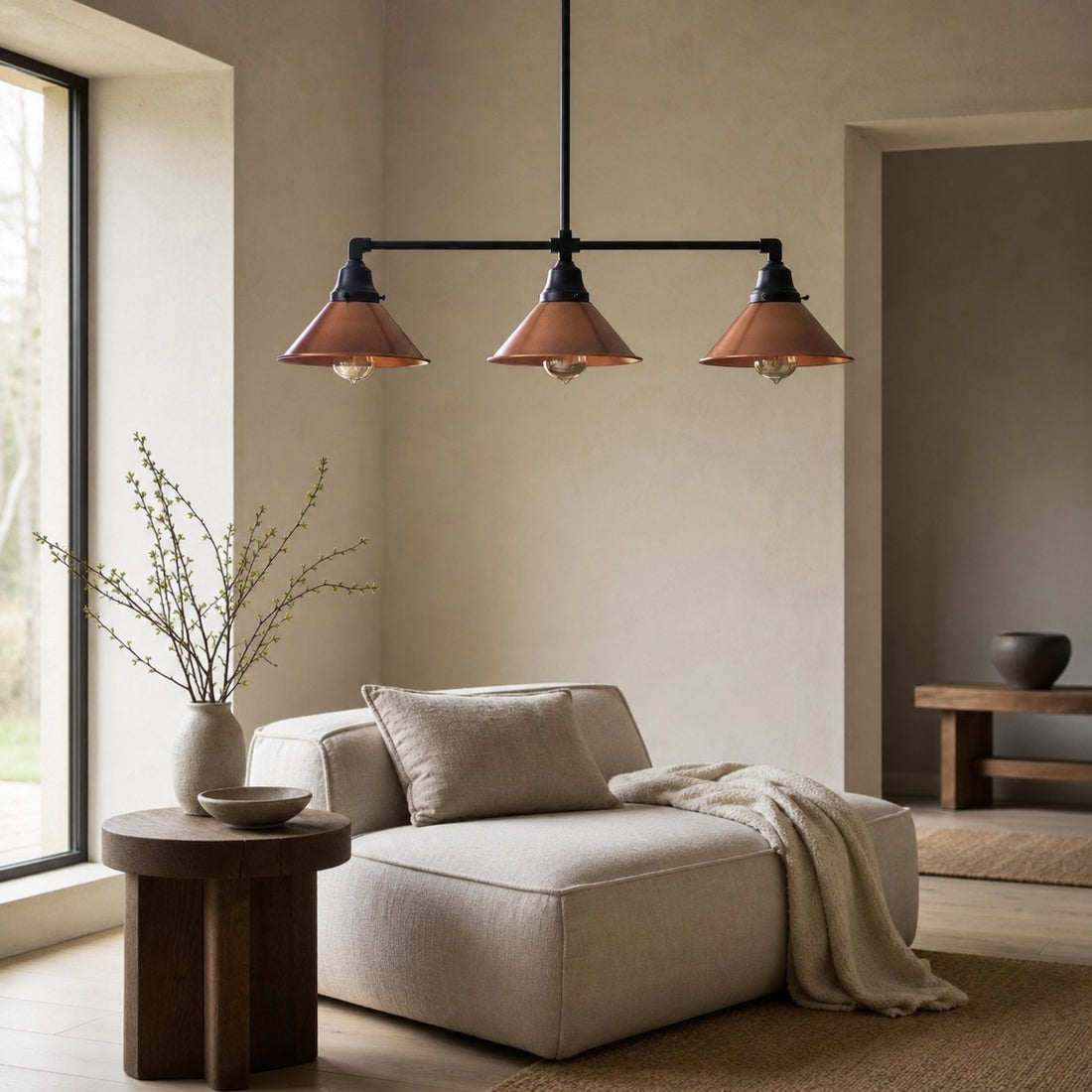 Conique Metal Hand-Aged Copper Chandelier - 3 Light Industrial Pendant - Island Lighting
