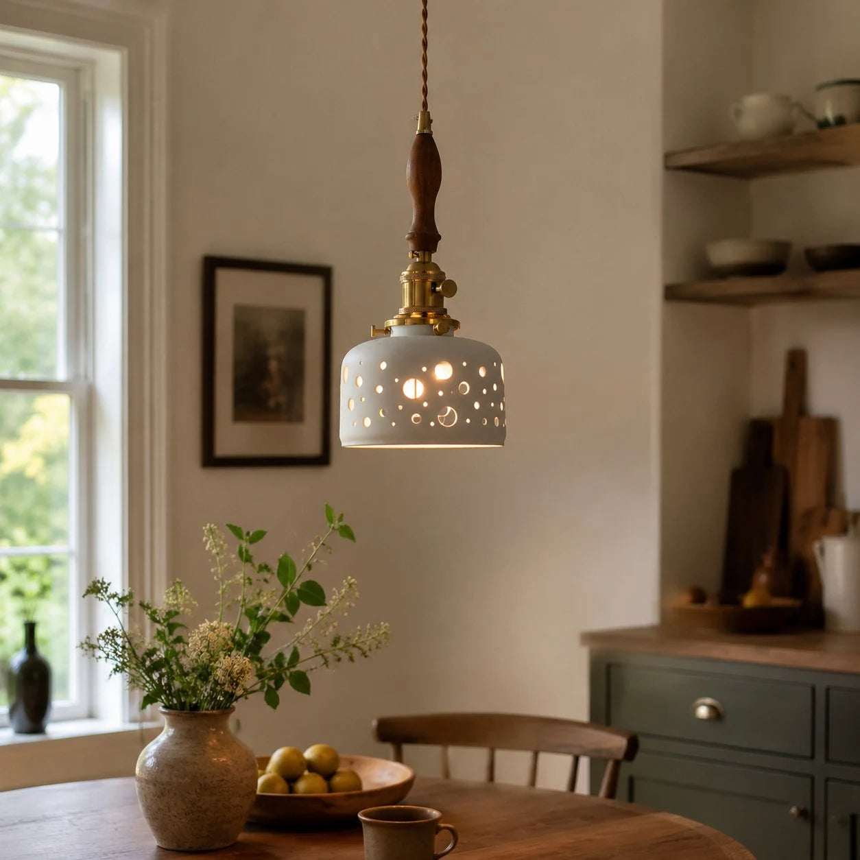 Wood accent dot ceramic pendant light in a kitchen scene