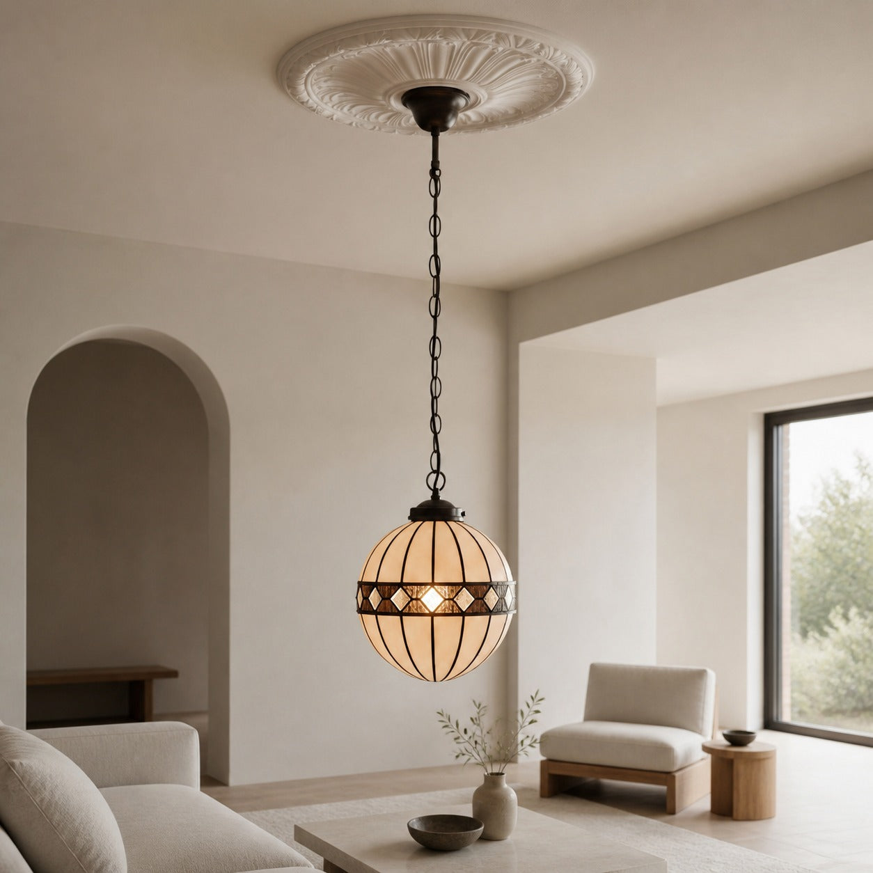 TF Fargo Tiffany Style Globe Pendant – Handcrafted Art Glass Sphere Light for Kitchen Island