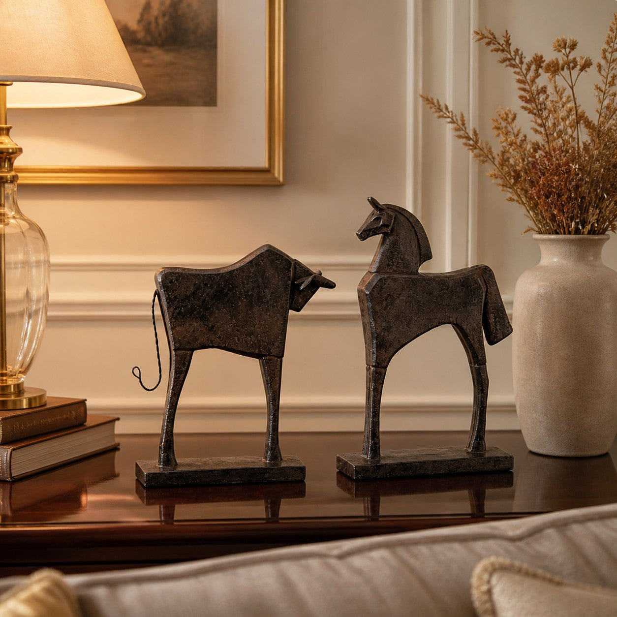 Equora vintage horse and bull resin sculpture detail