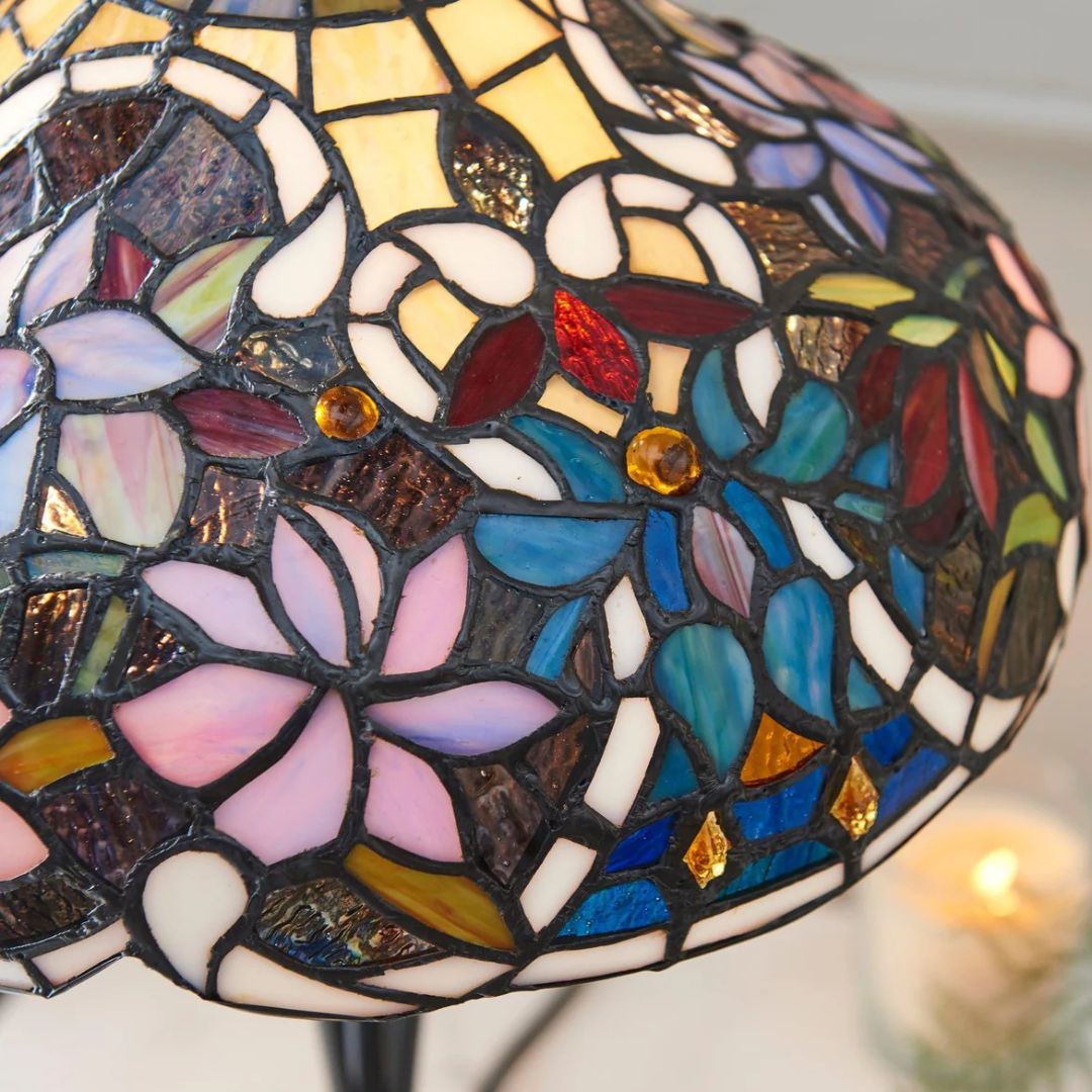 TF Sullivan Tiffany Table Lamp - Floral Stained Glass Design for Bedroom or Living Room