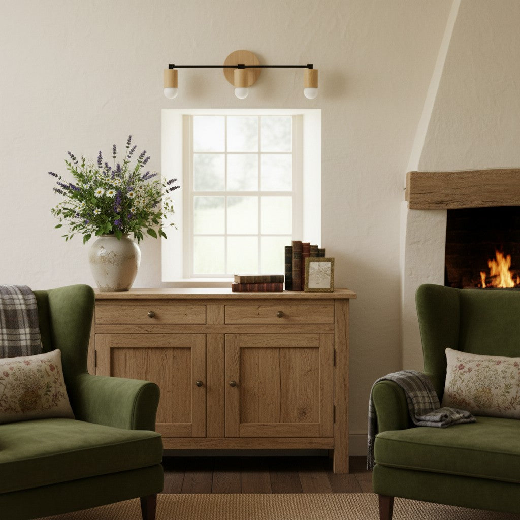 Lumen Woodgrain Frame Boho Wall Lamp – Multi Finish Vanity Lighting Solution