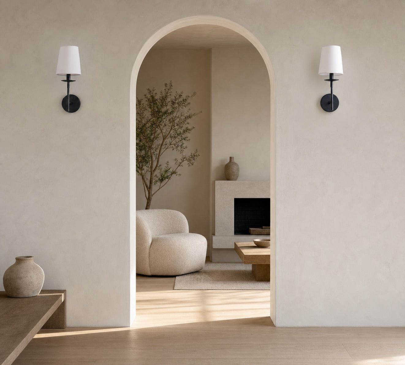 Rowan Bronze or Brass Wall Sconce - Iron Light with White Linen Shade for Home