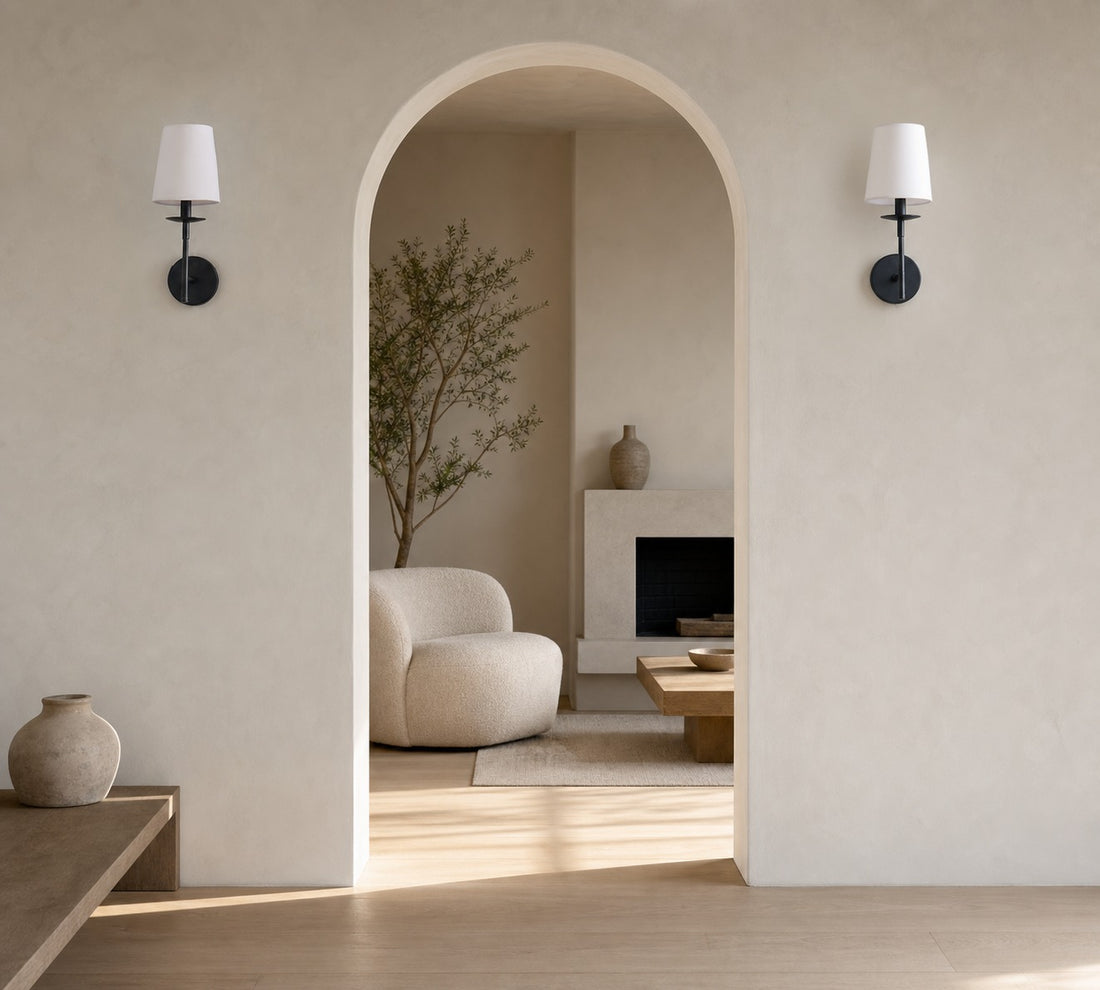 Rowan Bronze or Brass Wall Sconce - Iron Light with White Linen Shade for Home