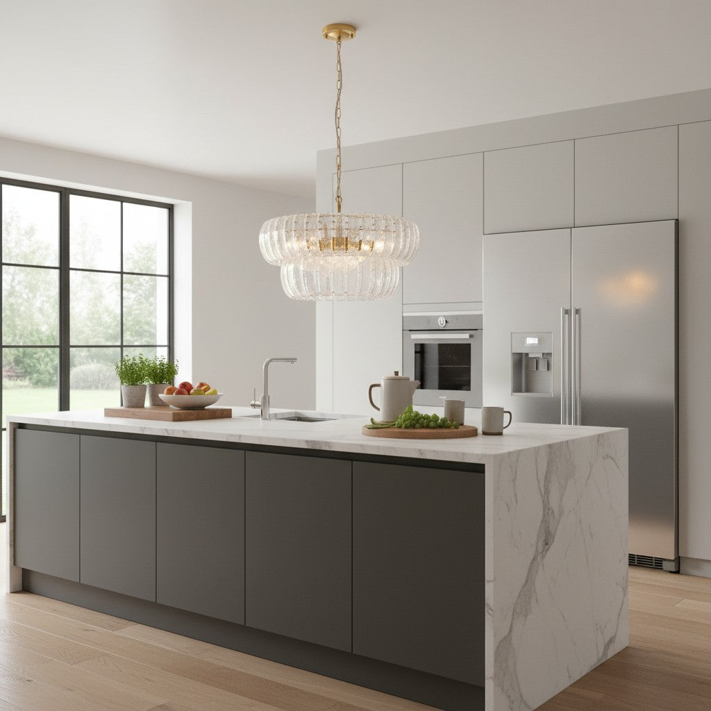 Solara 6-Light Tiered Pendant – Cascading Curved Glass and Metal-Frame for Dining & Entry
