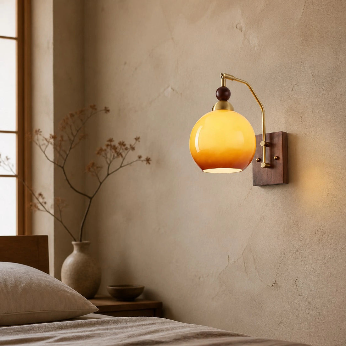 Luma gradient glass wall sconce in a warm bedroom