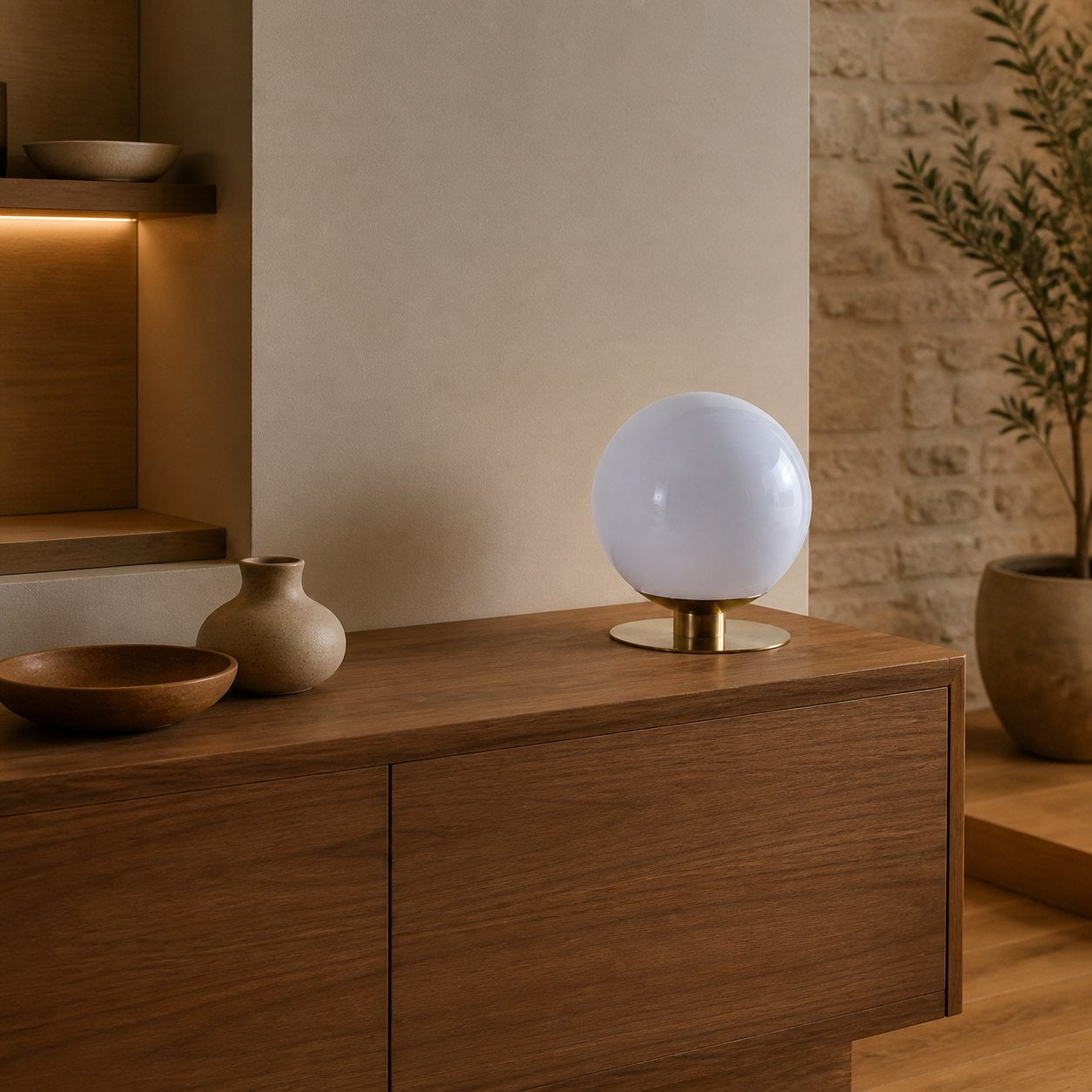 Rivolence Modern Table Lamp - Brass Finish White Glass Shade - Retro Style