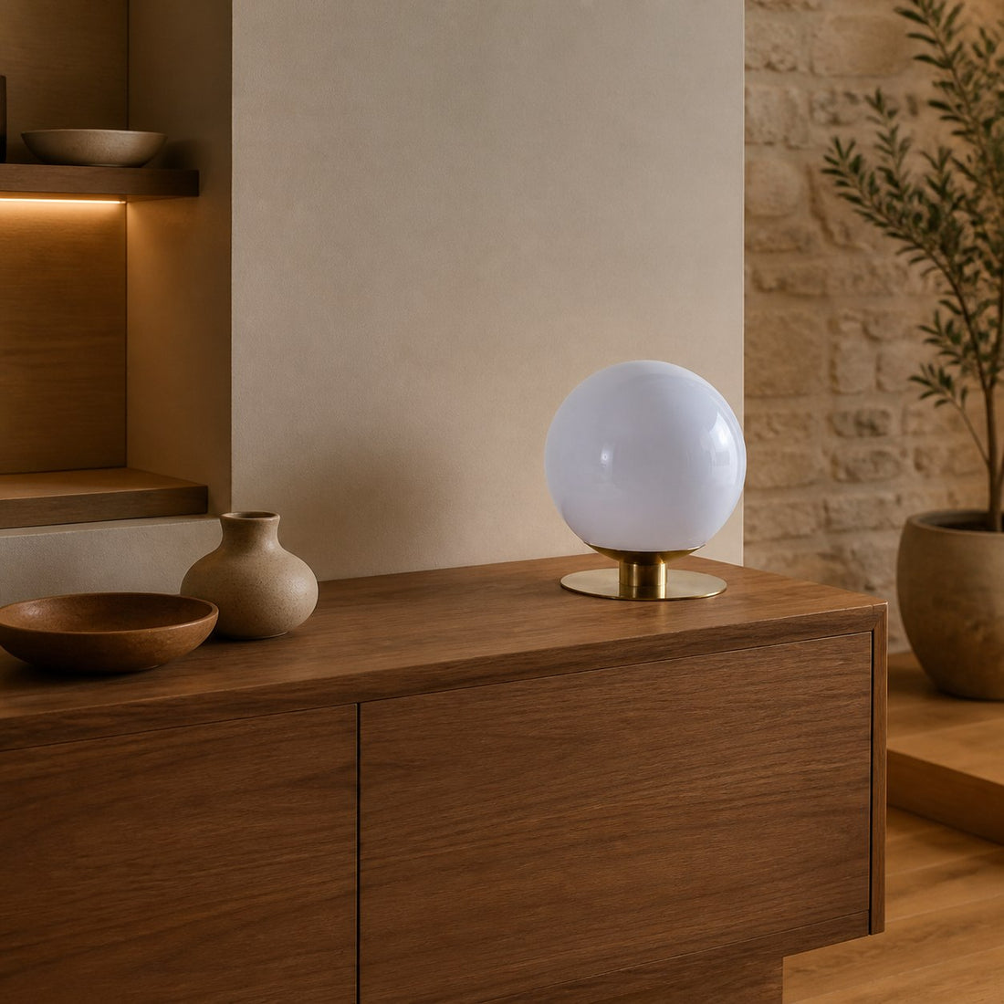 Rivolence Modern Table Lamp - Brass Finish White Glass Shade - Retro Style